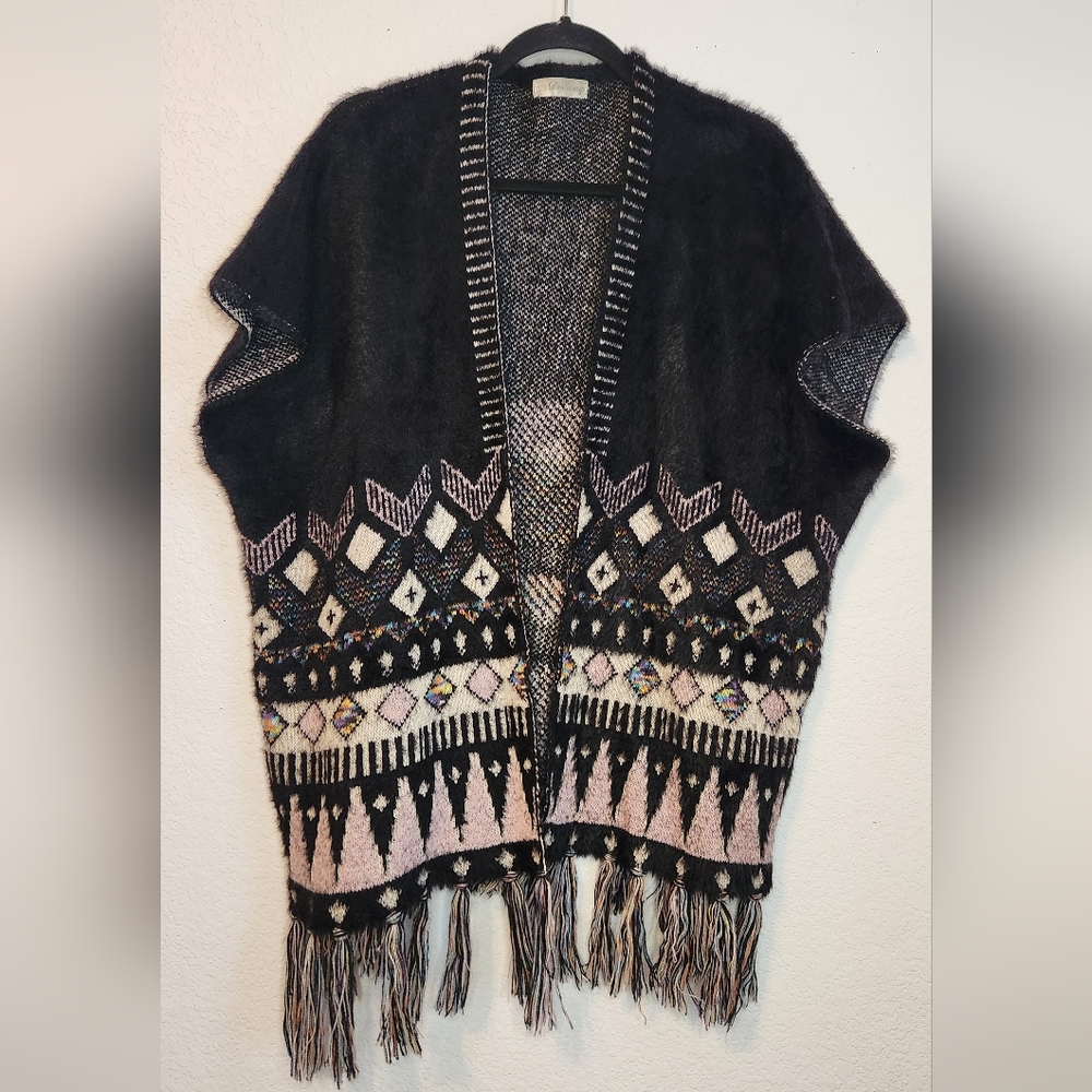 Desheng Black‎ Patterned Multicolored Poncho/Wrap Cardigan, Size M to L